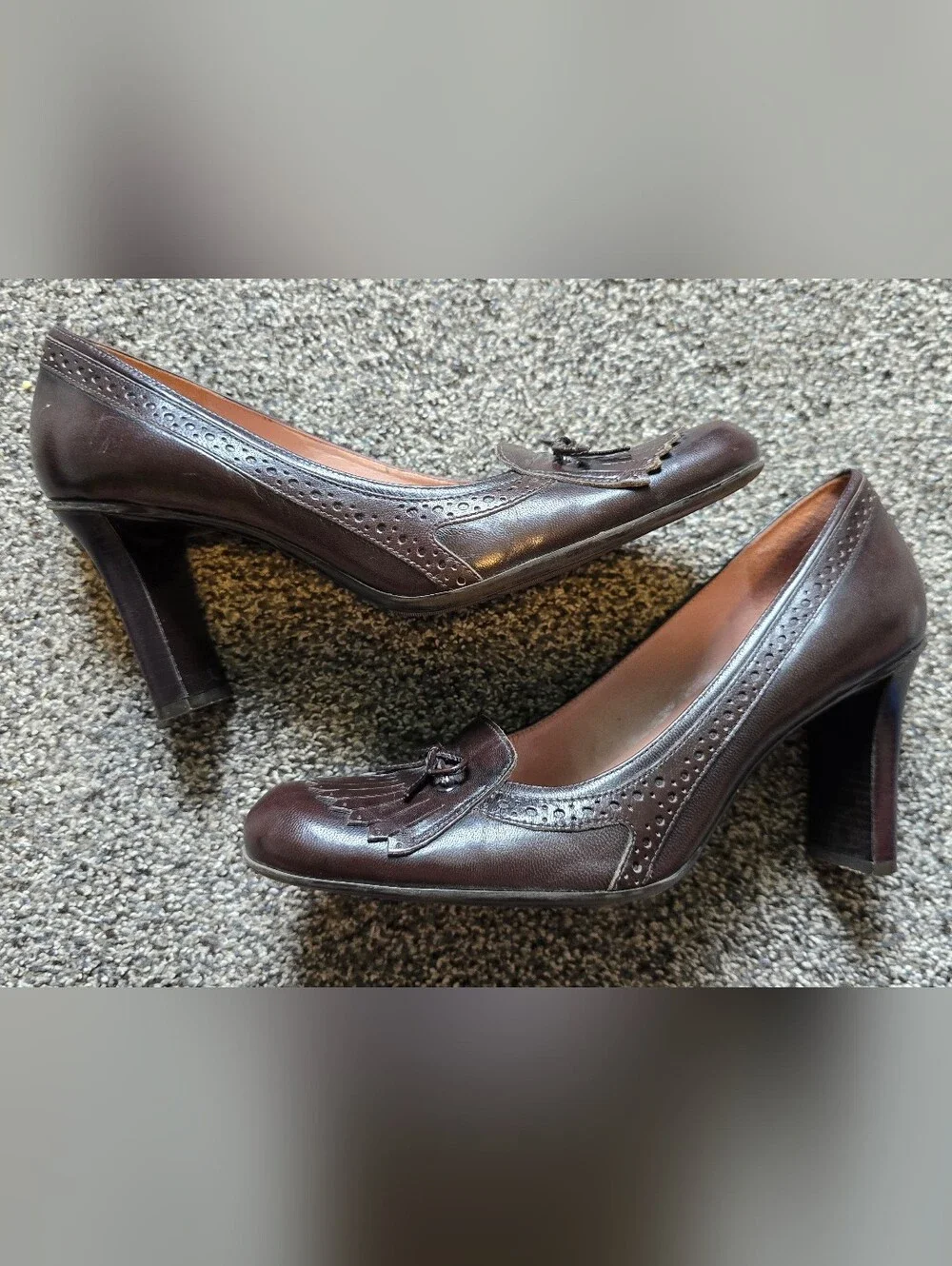 VTG Nine West Oksana Brown Leather Kiltie Brogue Pumps Heeled Loafers Size 8.5 - Picture 5 of 10